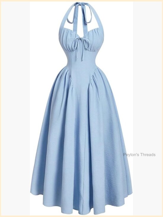 Dresses & Skirts - Women's Ruched Bow Halter Dress Open Back Sleeveless Maxi Dress
